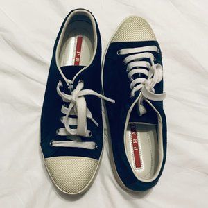Prada Navy Suede Low Top Sneakers - 7 / 36